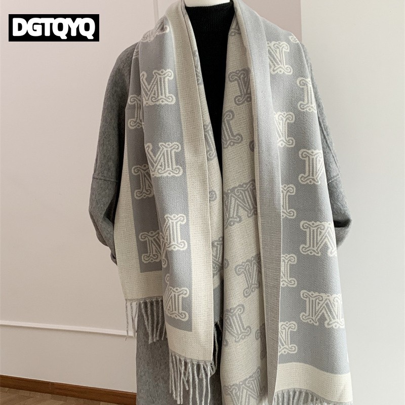 Écharpe douce et chaude Double face pour femme, châle thermique d'hiver, polyvalent et élégant, en Fiber de Polyester, avec lettres de luxe