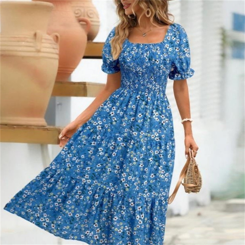 Robe de printemps et d'été pour femmes, jupe florale imprimée, col carré, manches bulles, taille haute, jupe trapèze superposée, Style doux, tendance