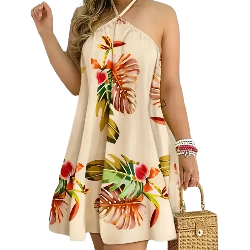 Robe d'été grande taille 1XL-5XL pour femmes, mode élégante, imprimé Floral, col licou, ample, décontractée, sans manches, robe de plage