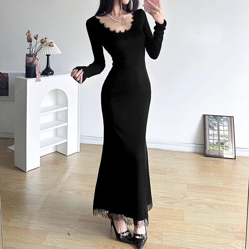 Robe en dentelle à manches longues pour femmes, vêtements esthétiques serrés, Kpop, Corset bon marché, décontracté, rétro, complet, Harajuku, robes moulantes pour femmes