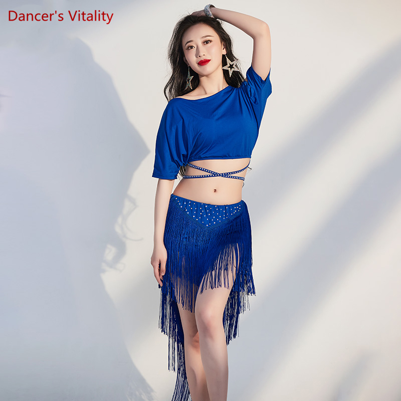 Costume d'entraînement de danse du ventre pour femmes, haut à manches courtes + jupe à franges, costume de spectacle de danse du ventre, tenue orientale féminine