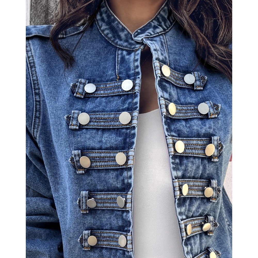 Automne femmes col montant à manches longues bouton avant manteau décontracté printemps Denim vestes Femme décontracté asymétrique ourlet manteaux