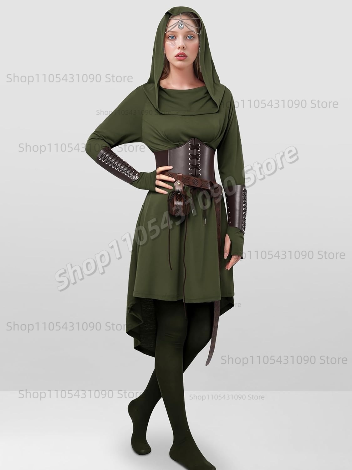 Tenue d'elfe forestier vintage, robe médiévale à capuche irrégulière avec ceinture, protège-bras, accessoires d'elfe, costume de cosplay
