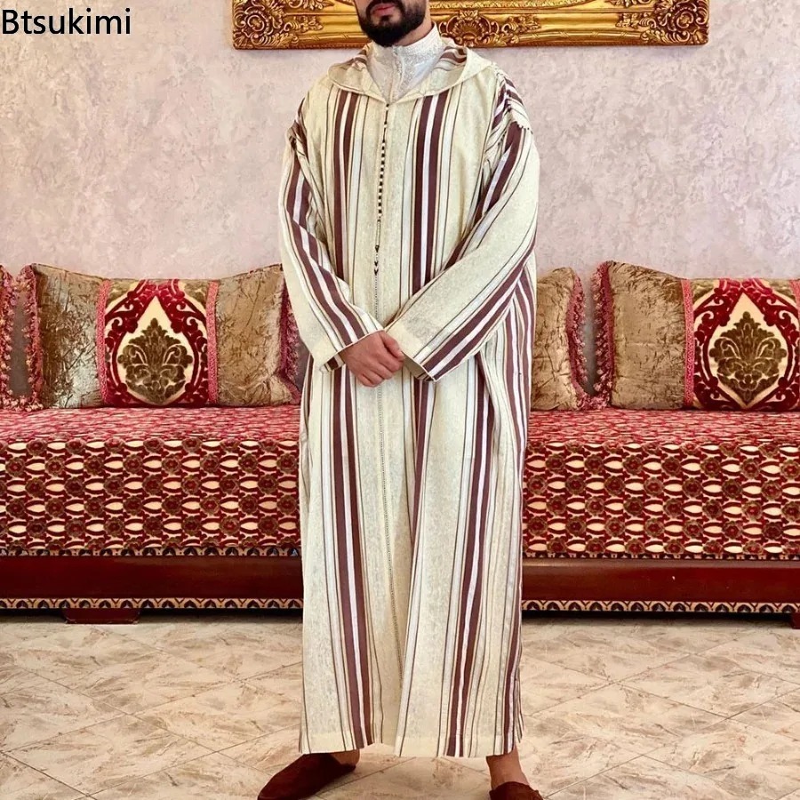 Vêtements islamiques décontractés à rayures rouges pour hommes, sweat à capuche musulman, vêtements Jubba Thobe, Ramadan Abaya, Dubaï, Turquie, printemps, automne, nouveau