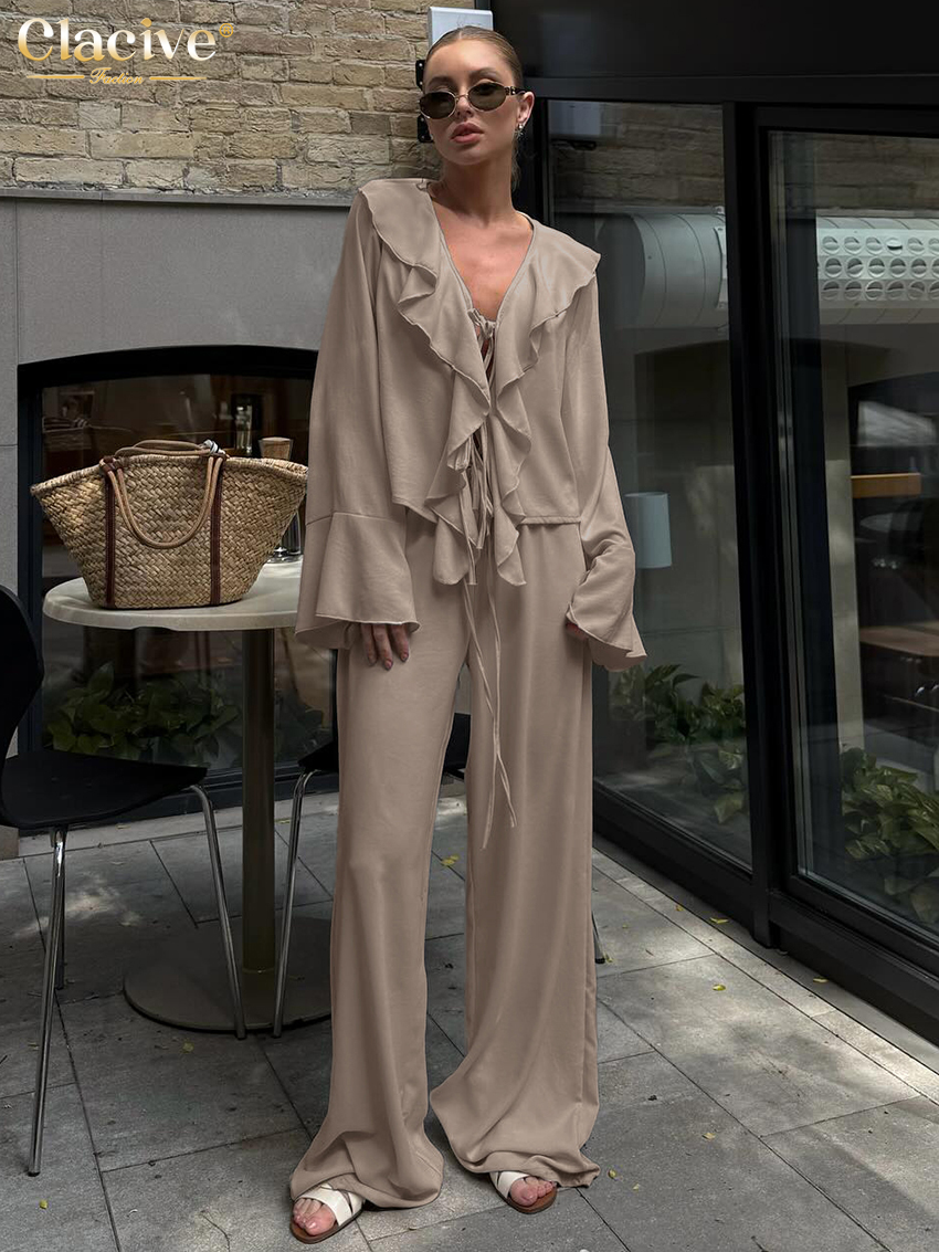 Clacive mode ample kaki deux pièces tenues femme 2025 élégant à manches longues chemise à volants avec taille haute pantalon large ensemble femme