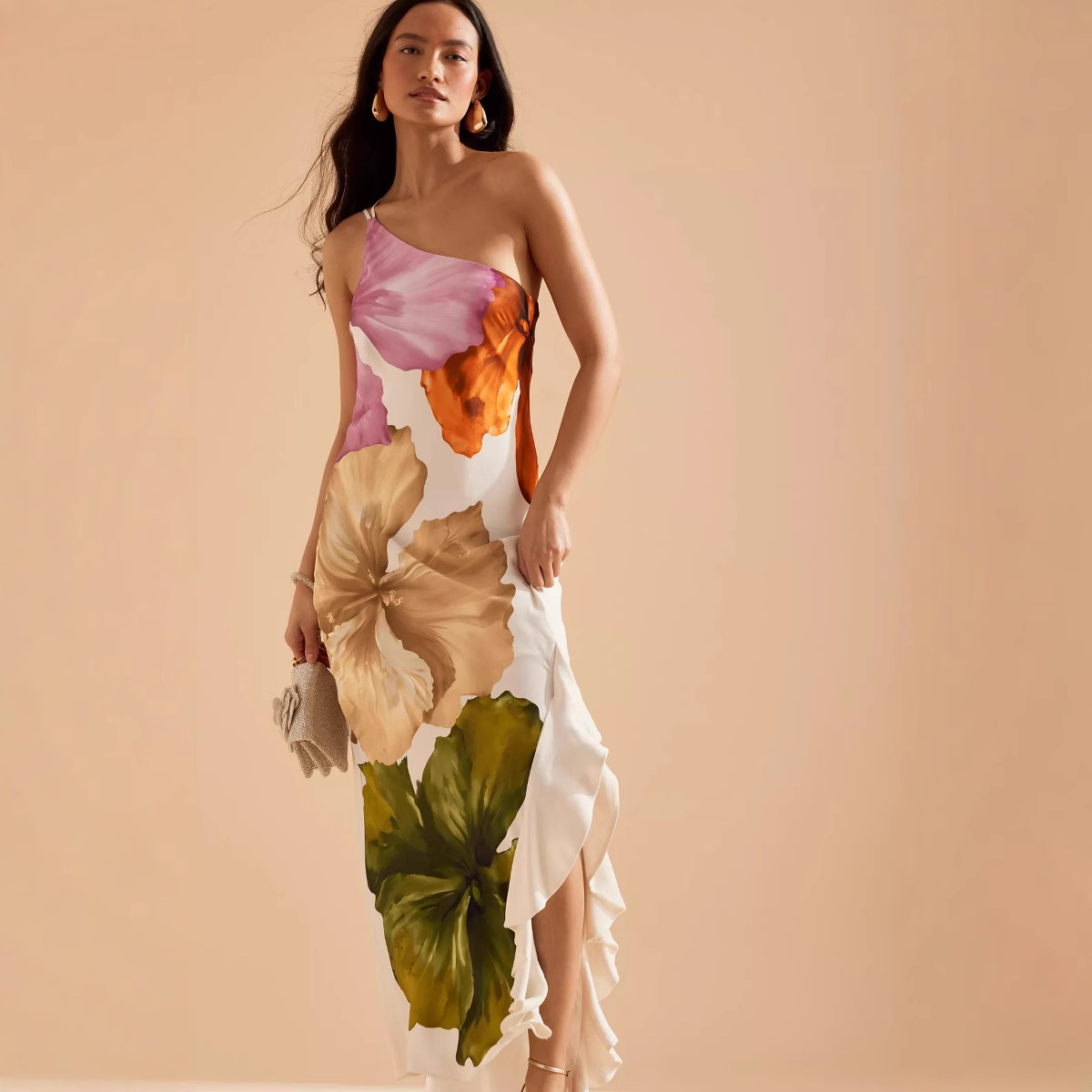 VEITCHE mode femmes imprimé Curling bord longues robes irrégulière une épaule fourche ouverte robe femmes été 2025 robes de fête