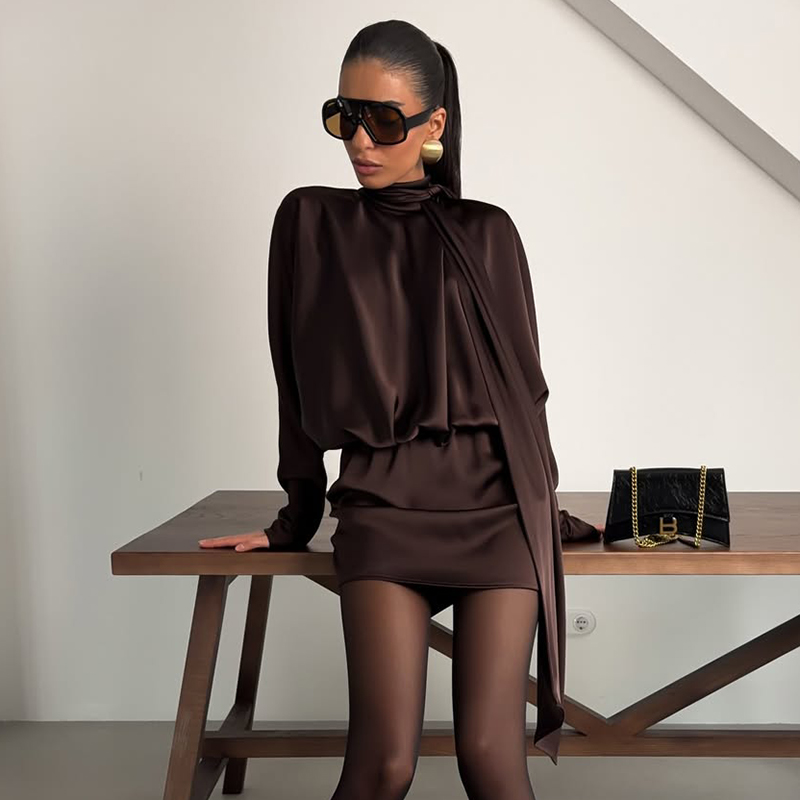 Robe d'été en satin 2026 pour femme, manches longues, décontractée, à lacets, mini-robe de soirée sexy pour femmes, courtes robes de soirée