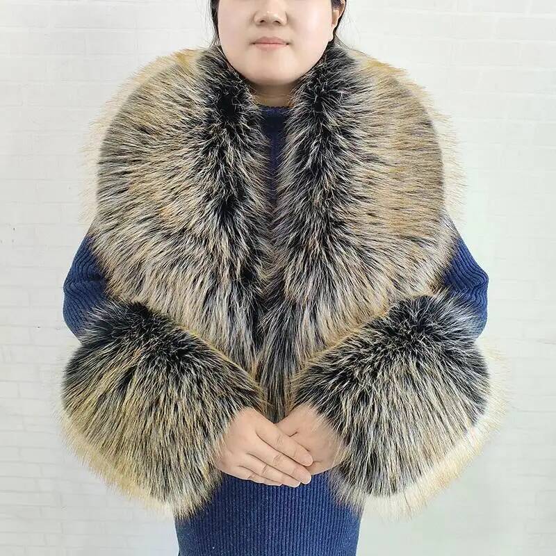 Grande écharpe d'hiver en fausse fourrure de renard pour femme, vestes chaudes et moelleuses, châle à la mode, ensemble col et manchette en fourrure artificielle, écharpes moelleuses pour femme