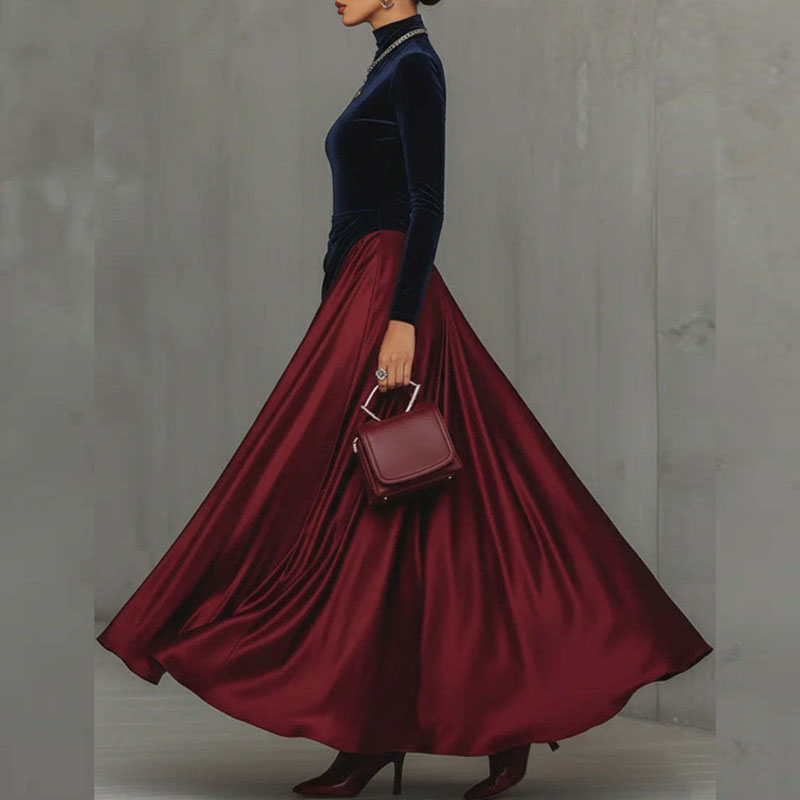 Robe de Banquet à col roulé pour femme, élégante, en velours, Patchwork, Satin plissé, manches longues, style Boho, Maxi, printemps, 2026