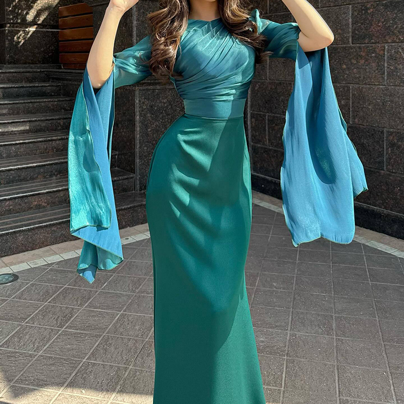 Robe de Soirée Longue en Satin pour Femme, Tenue Élégante, Couleur Unie, Col Rond, Manches Chauve-Souris, Taille Haute, Plissée