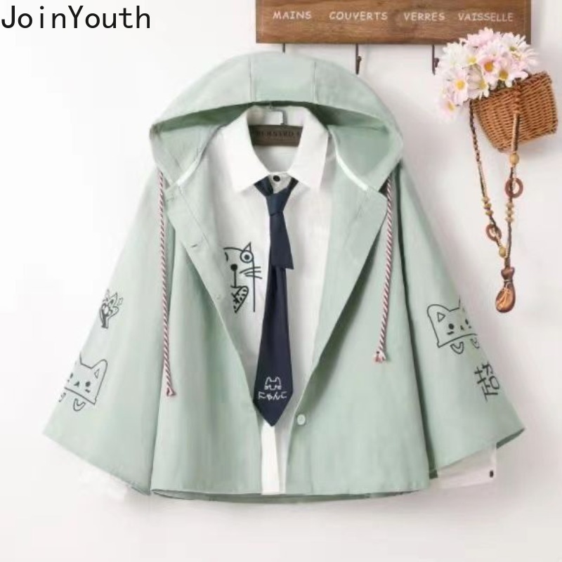Vestes japonaises pour femmes, Streetwear, imprimé chat, capuche, fermeture éclair, vêtements d'extérieur surdimensionnés, mode décontractée, manteaux mignons Y2k, 2025 Ropa Mujer