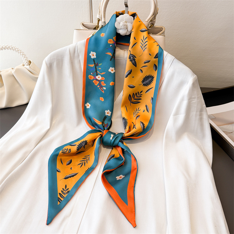 Nouvelle écharpe imprimée double couche, foulard décoratif en soie, accessoire polyvalent pour les trajets quotidiens, attache de cheveux diagonale estivale, ceinture étroite