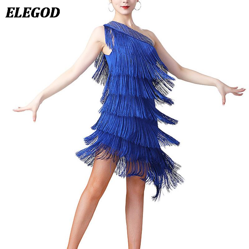 Robe de danse latine sexy pour femmes adultes, robe à paillettes et à franges, robe asymétrique à franges, tenue de danse de salon rumba.
