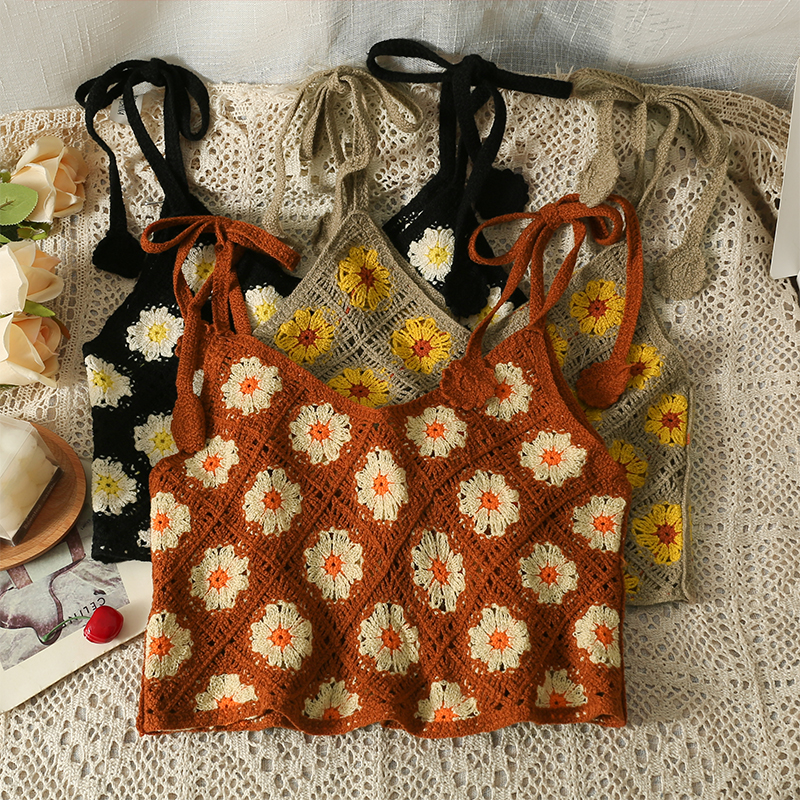 Haut court sans manches en Crochet pour femmes, broderie florale, à lacets, plage, douce, pour filles, débardeur de Style français, livraison directe