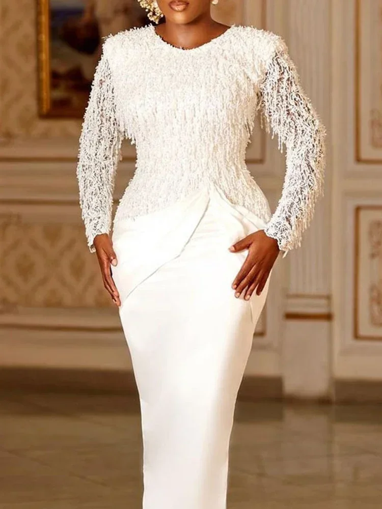 Robe de soirée mi-longue à manches longues pour femmes, robes blanches formelles, col rond, glands, coutures en dentelle, printemps, 2023