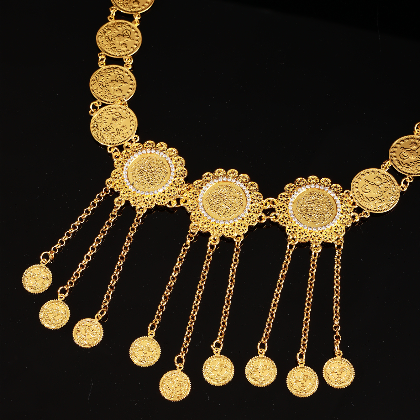 1 pièce de ceinture pour femme arabe, conception de pièce de monnaie turque, incrustée de strass, chaîne de taille pour bijoux de Banquet de Festival pour dame