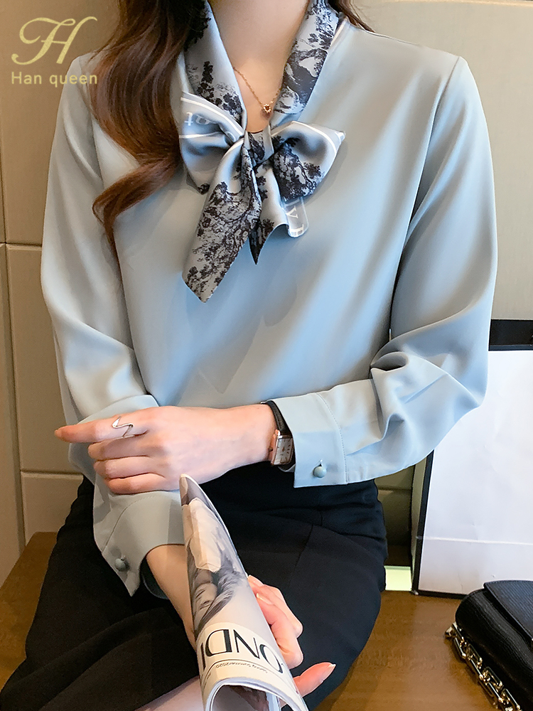 H Han Queen-Chemisier Élégant en Mousseline de Soie pour Femme, Chemise Simple à Manches sulf, Décontracté, pour Bureau, Automne