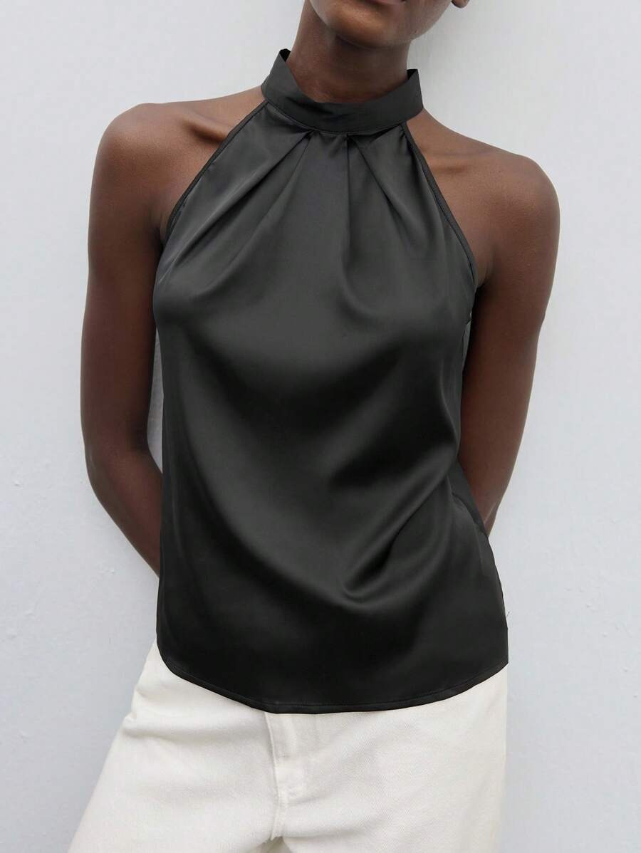 Femmes haut court mode Satin licou Camisole été élégant débardeur gilet femme Streetwear avant Sexy dos nu fête Clubwear