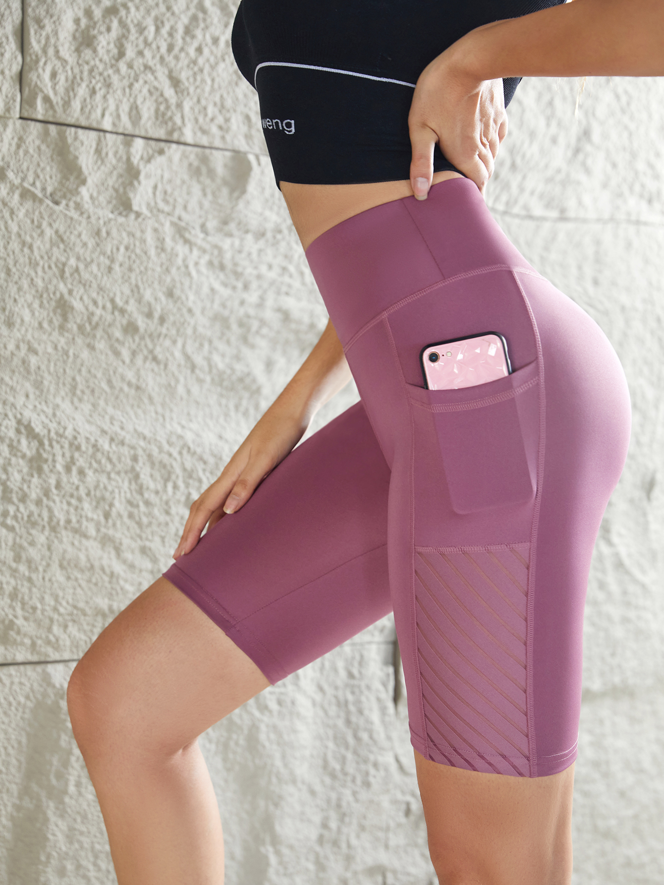 Pantalon cinq-quarts taille haute pour femmes, avec poches latérales, panneaux en maille de couleur unie, pantalon de sport de Fitness et de Yoga