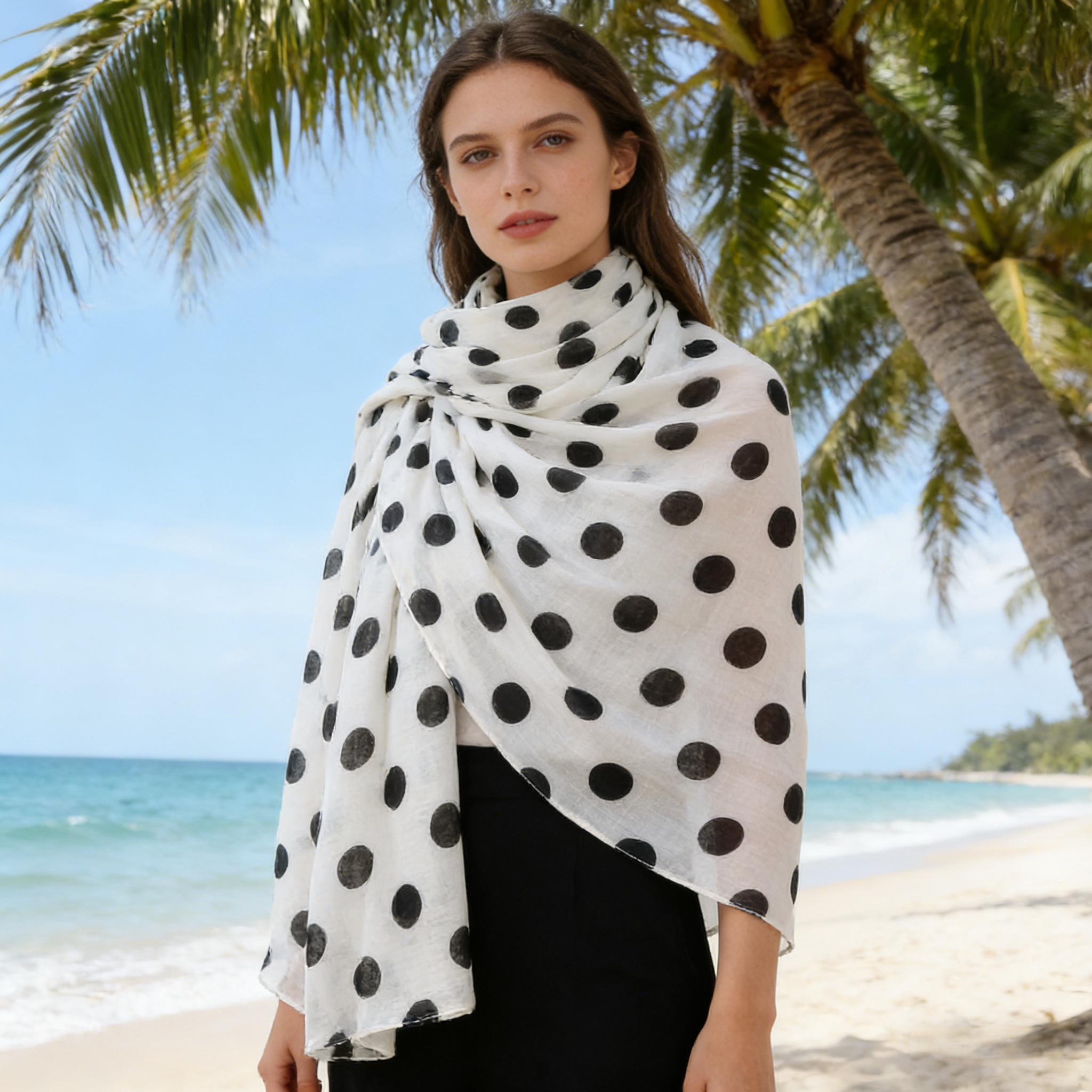 Écharpe classique à pois noirs et blancs pour femmes, écharpe légère et respirante en polyester, grande écharpe décorative 88x180cm