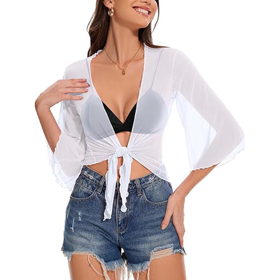 Combhasaki Cardigan court pour femme, boléro transparent à nouer sur le devant, haut à manches 3/4, veste courte, cache-maillot de bain, tenue de plage