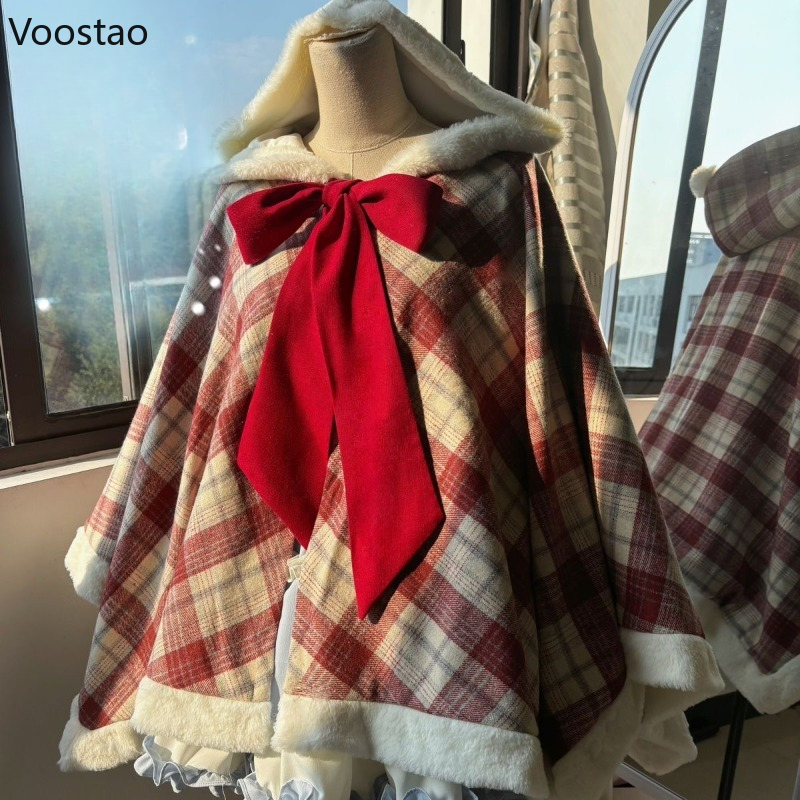 Manteau Everak en laine de style Lolita vintage japonais pour femmes, arc mignon, plaid, chaud, châle à capuche, vestes, ponchos en peluche pour filles, automne, hiver