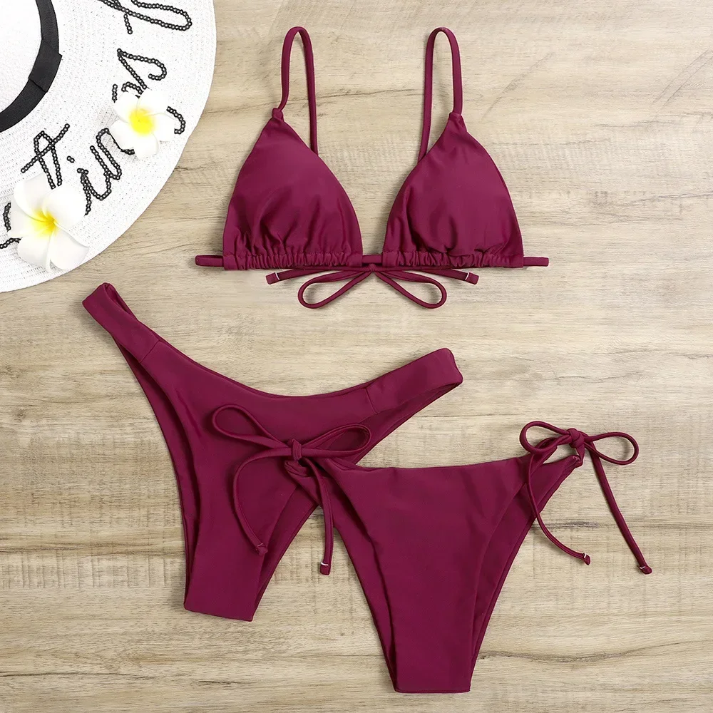 Ensemble bikini 3 pièces sexy pour femme – Maillot de bain triangle bandeau push up en bleu et violet, vêtements de plage brésiliens