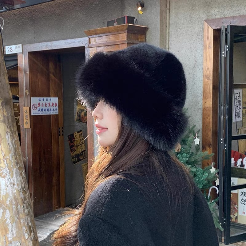 Chapeau seau d'hiver pour femmes, Streetwear, bonnet coupe-vent en peluche, fausse fourrure de vison, mode doux Shopping, épais et chaud, chapeau mongol pour dames