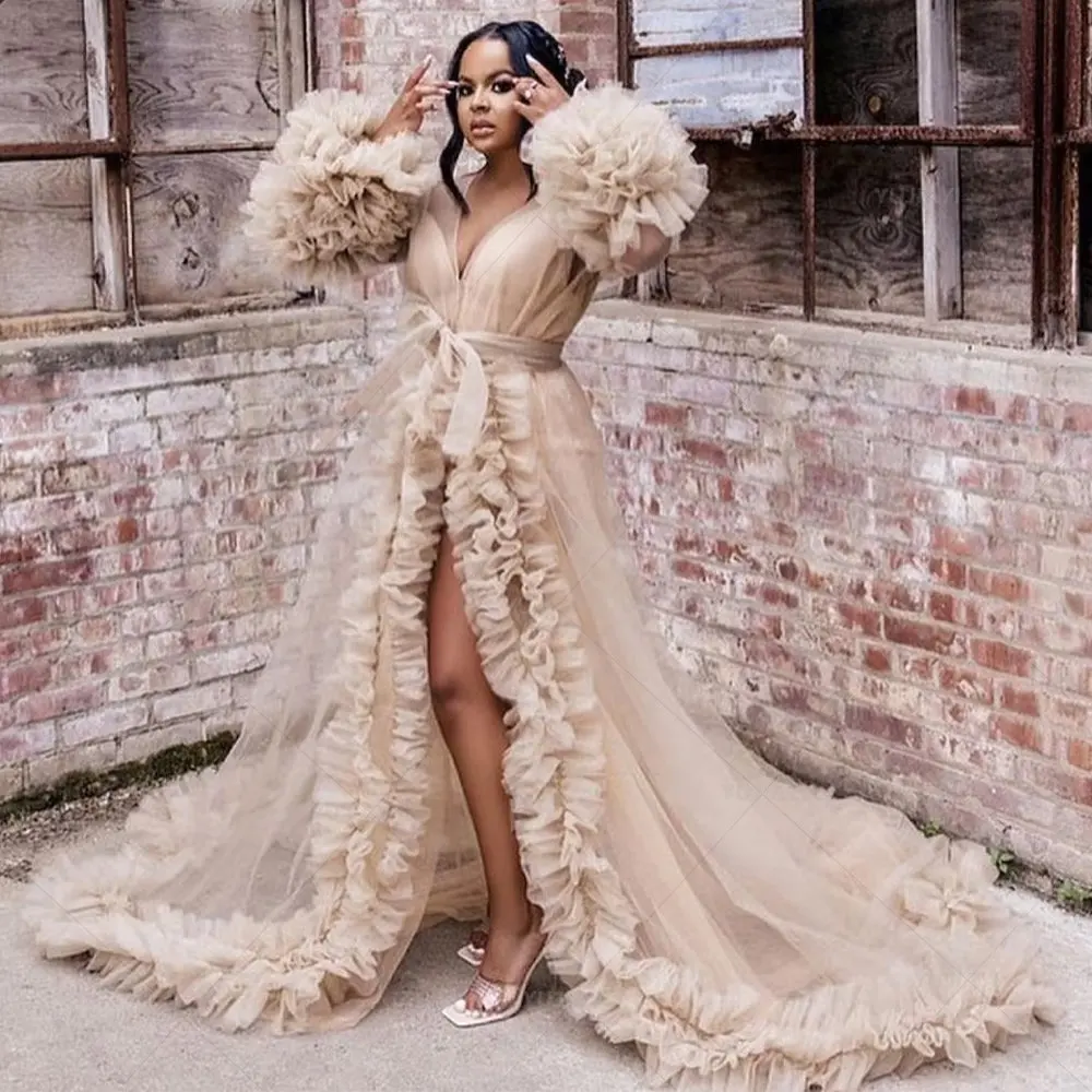 Robe de bal de mariée en Tulle pelucheux pour femmes, manches longues, Robe de soirée de mariage, pyjama Boudoir, Robe de maternité
