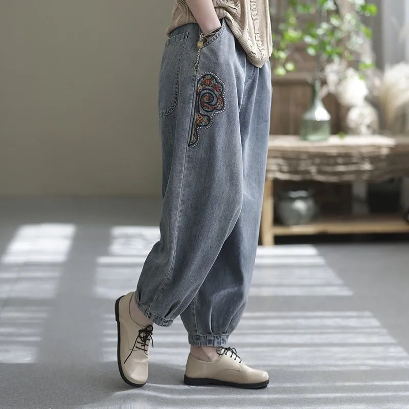Jean taille haute pour femme, nouvelle version coréenne printemps-automne 2026, pantalon sarouel ample brodé avec patchs en tissu, longueur 7/8 pour femme