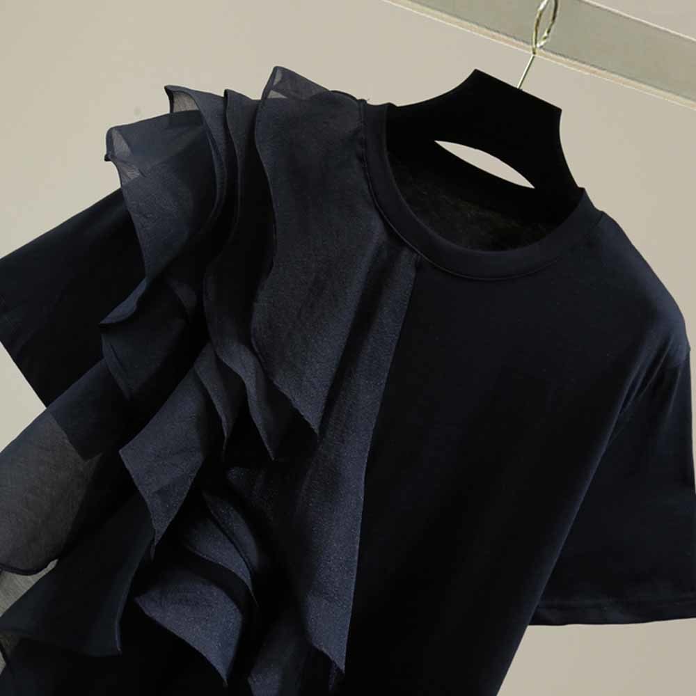 T-shirt manches courtes col rond femme, blanc, à volants, patchwork, décontracté, à la mode, nouvelle collection été 2022