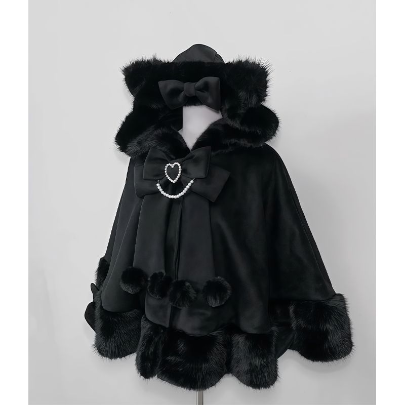 Manteau châle Lolita pour femme, pardessus Design avec nœud, capuche, Patchwork, Kawaii, chaud, Chic, doux, manteau de noël, nouvelle collection hiver 2025