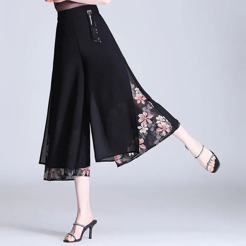 Pantalon capri imprimé noir pour femme, pantalon large en mousseline de soie mince, taille haute, pantalon baggy décontracté vintage, mode coréenne, été, 3XL