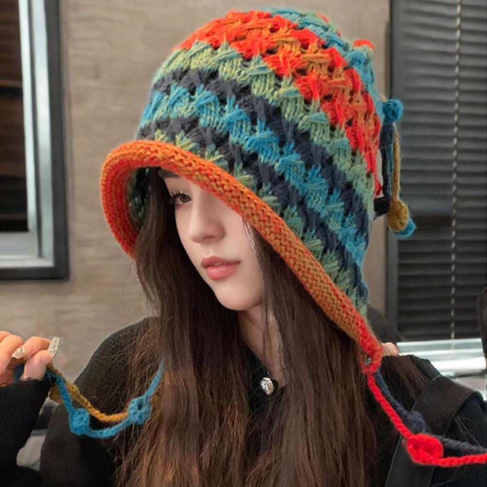 Bonnet en laine tricoté à rayures arc-en-ciel colorées pour femmes, Bonnet de Protection des oreilles au Crochet chaud d'hiver pour filles, Bonnet coupe-vent de neige
