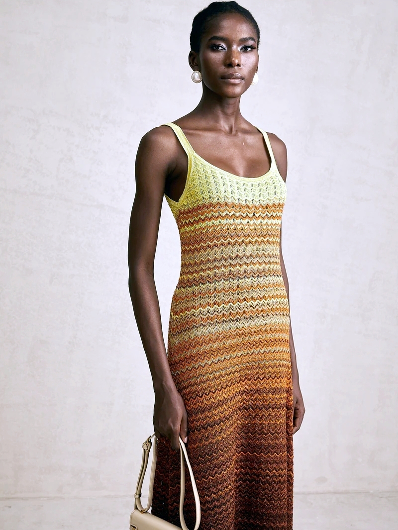 Marque de luxe Design femmes élégant Boho africain paillettes dorées Maxi sans manches soirée vacances robe tricoté dame vêtements
