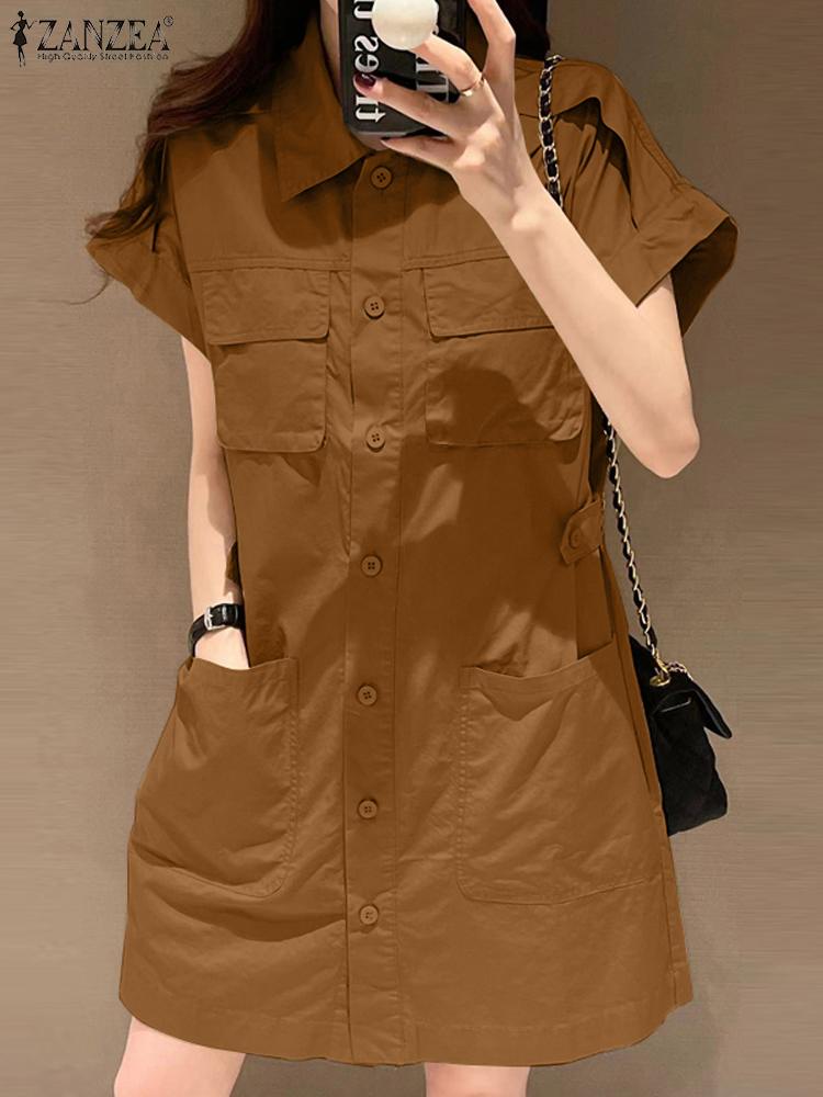 Mode coréenne été Cargo robe ZANZEA femmes à manches courtes col rabattu robe d'été décontracté solide fête robe chemise robes