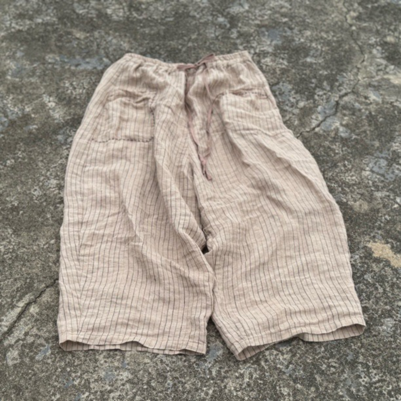 Pantalon en lin rayé pour femme, jambes larges, Style Vintage, ample, poches, respirant, vêtements décontractés, automne 2025