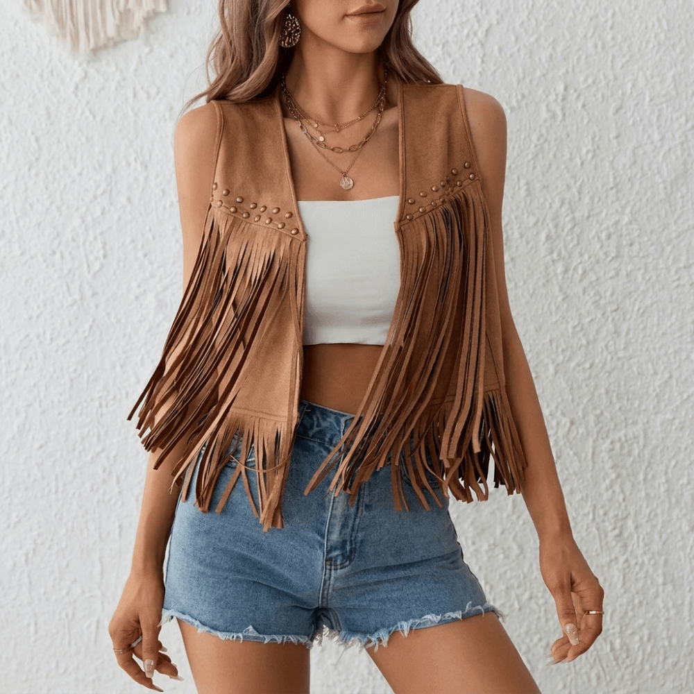 Gilet rétro à franges tendance avec détails rivetés, veste ouverte style western, noir/marron, sans manches, pour femme