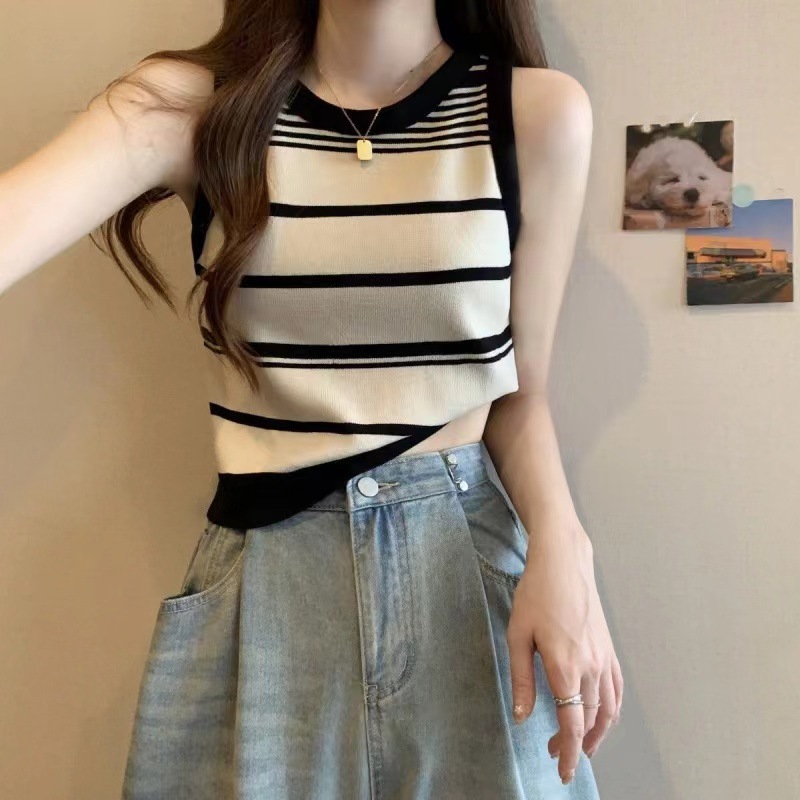 Débardeur sans manches en tricot rayé pour femmes, décontracté, avec robe contrastée (rose/noir et blanc)