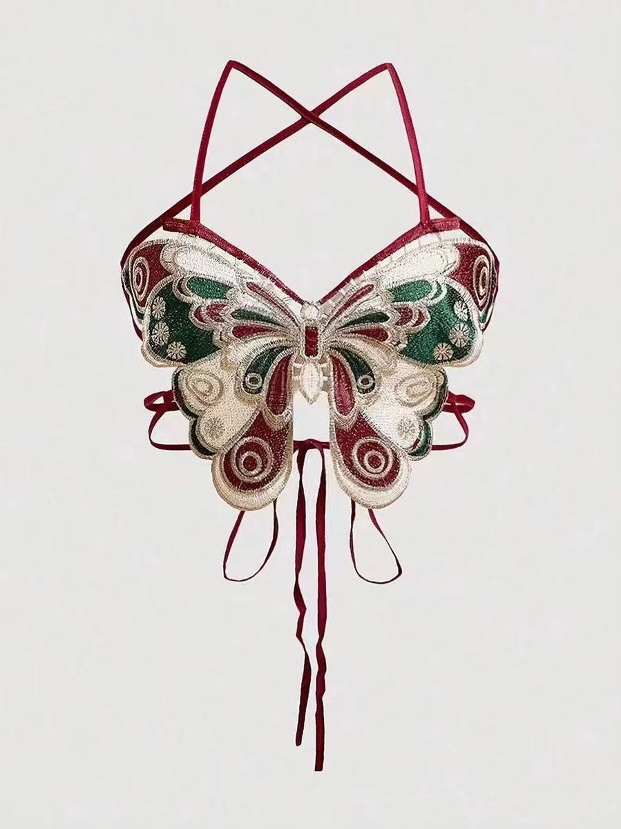 Haut court à col licou brodé papillon pour femmes, dos nu, bretelles sans manches, Camisole Sexy, vacances, bête, été Y2K