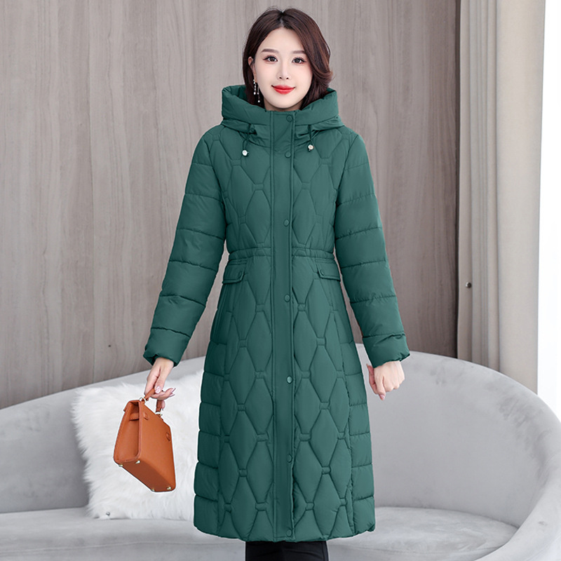 2025 mode hiver manteaux longs Parkas femmes vers le bas coton rembourré veste épaissir chaud pardessus diamant Texture vêtements d'extérieur à capuche