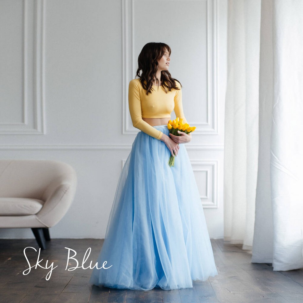 Jupes longues en tulle bleu ciel pour femmes, jupes de demoiselle d'honneur, jupes de mariée, jupes féminines pour spectacle sur scène, plusieurs couleurs disponibles