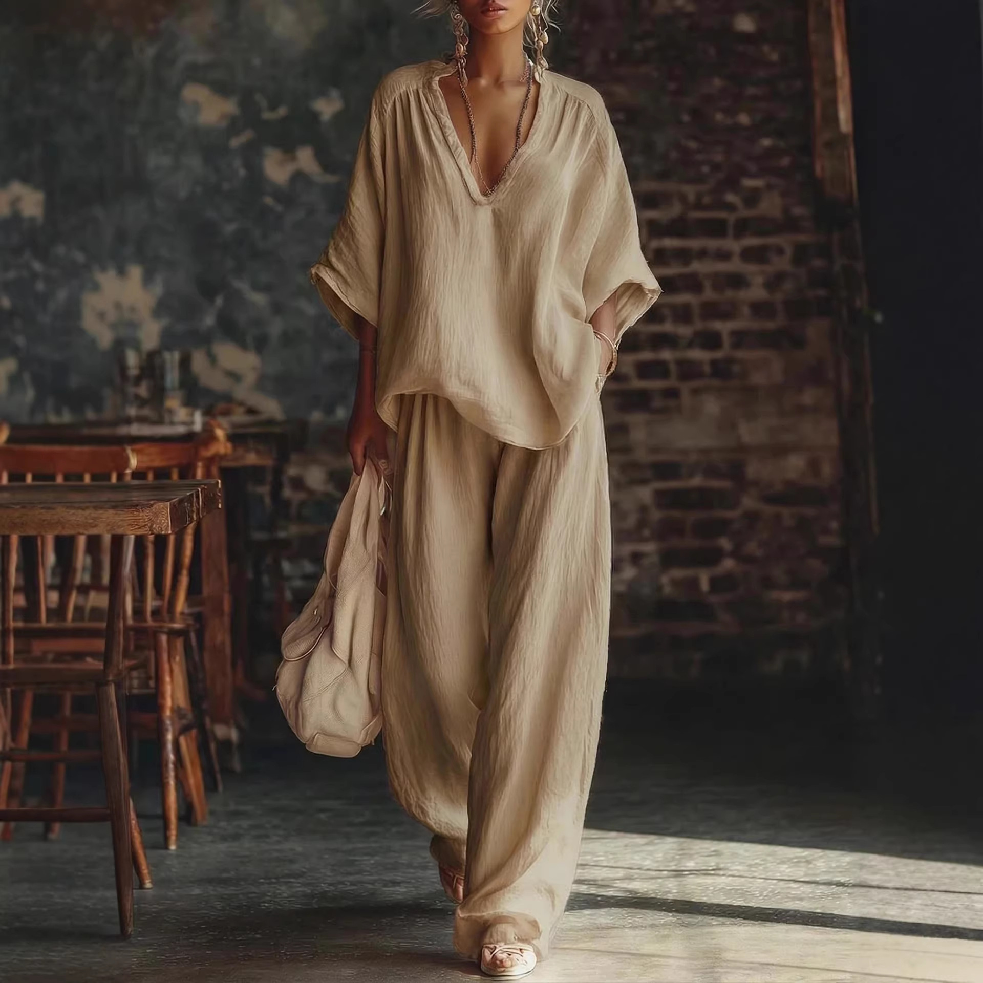 Ensemble de vêtements pour femmes, haut à manches courtes à col en V, pantalon large, style décontracté, pour le printemps et l'été, ensemble de 2 pièces pour les vacances