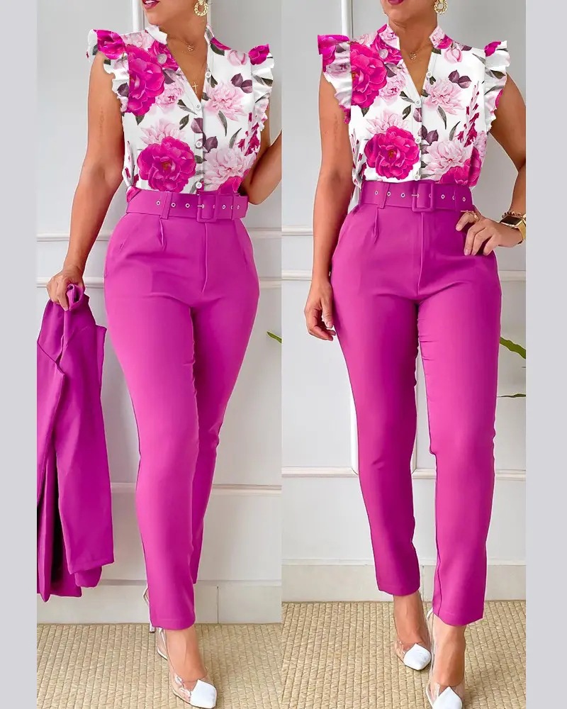 Été femmes africaines à manches courtes col en v Polyester 2 pièces haut pantalon Long impression ensembles assortis Dashiki vêtements africains