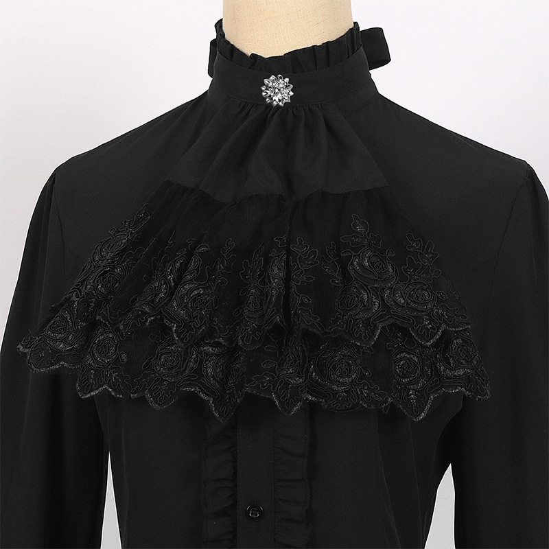 Chemisier en dentelle à col montant et manches évasées pour femme, style queue d'hirondelle, avec nœud, pour déguisement de paysanne victorienne d'Halloween