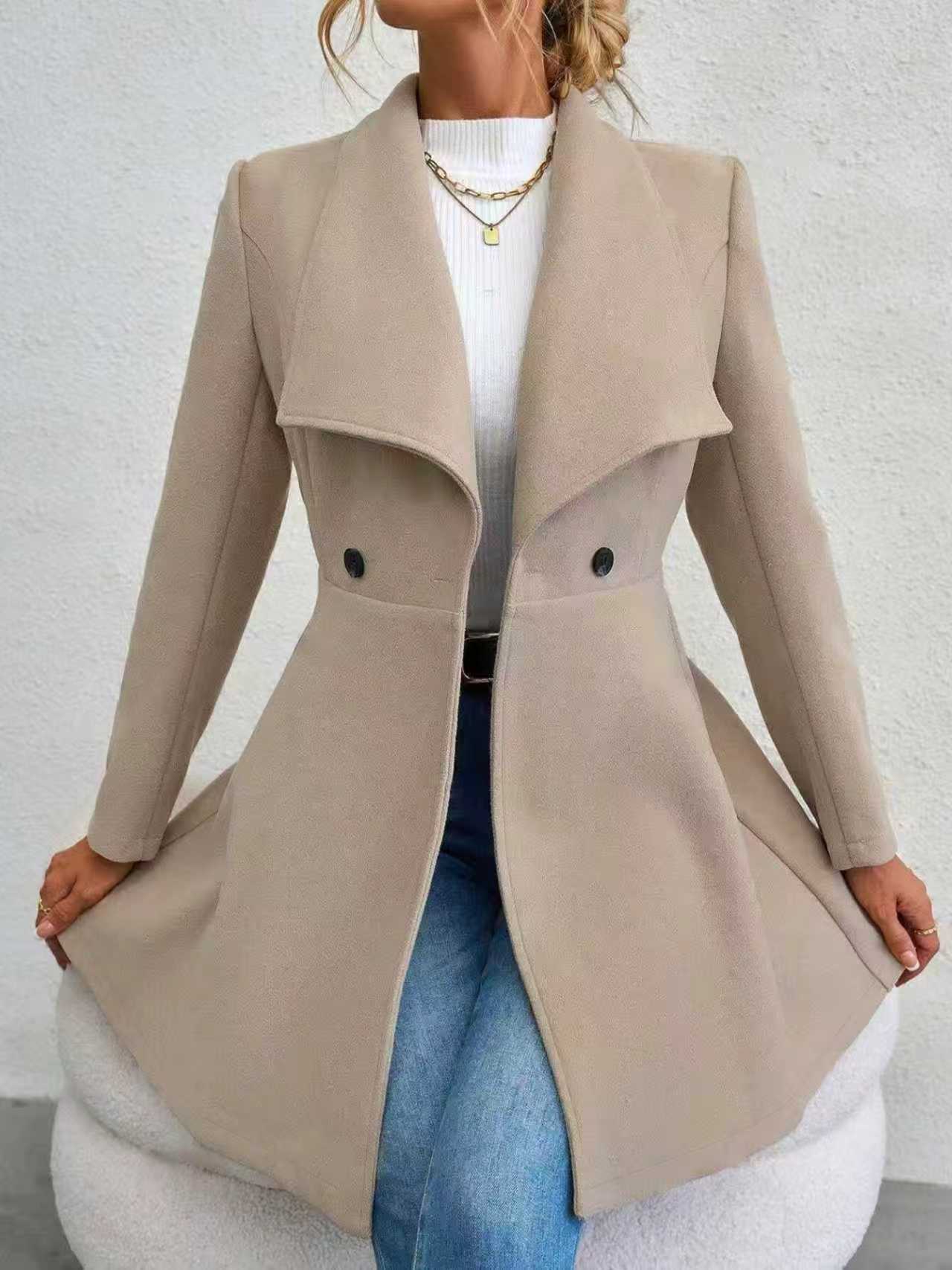 Manteau en laine jaune élégant pour femme, automne-hiver, col à revers, double boutonnage, coupe ajustée, longueur mi-longue, décontracté, manches longues, vêtement d'extérieur F