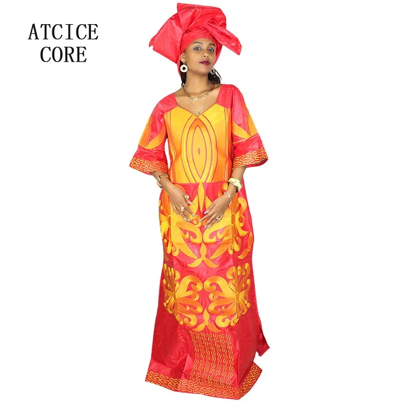 Robe africaine longueur au sol avec écharpe pour femme, motif de broderie, Bazin Riche