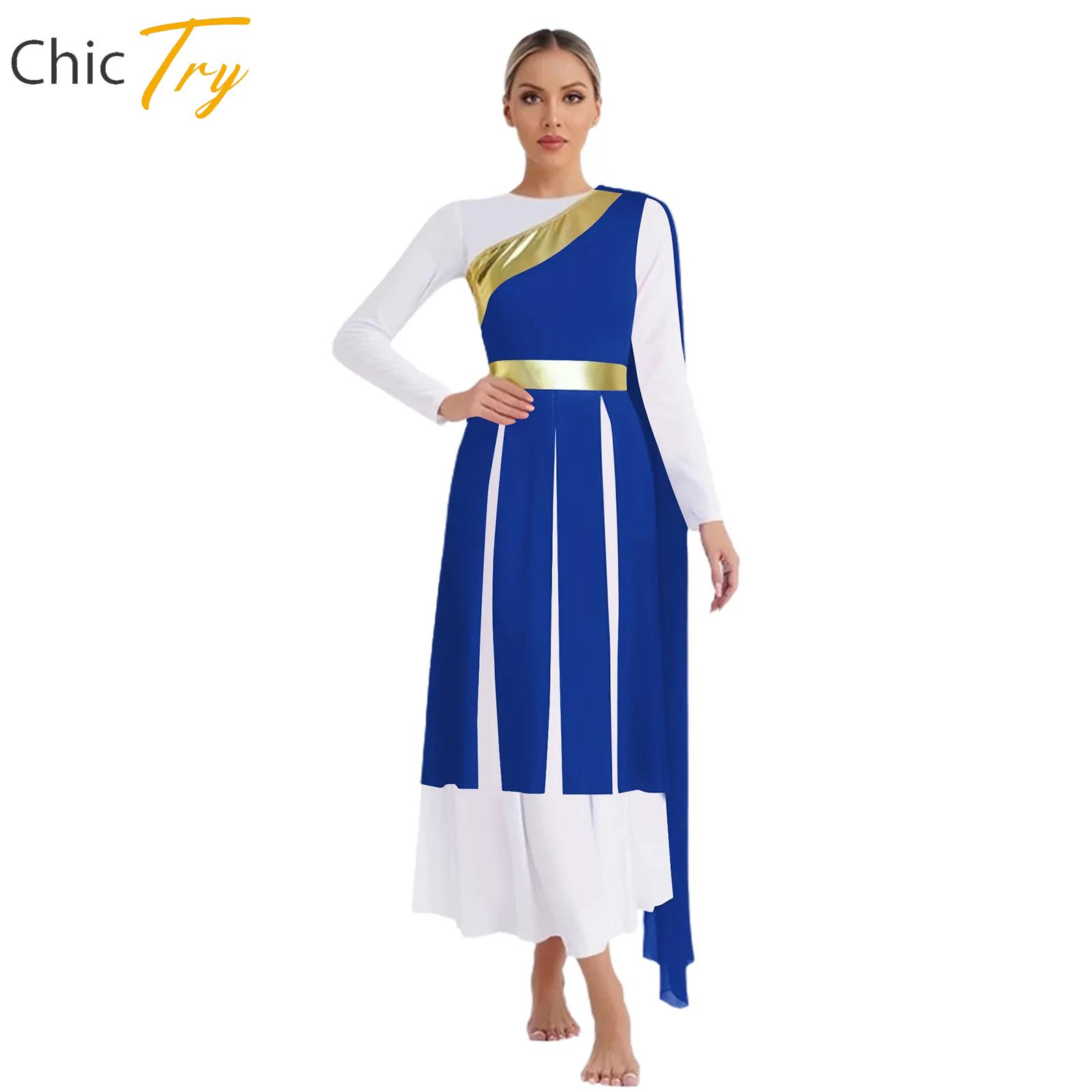 Robe de danse lyrique pour femmes, asymétrique à une épaule, sans manches, avec drapé, ourlet fendu métallique, style tunique, costume de danse pour adultes