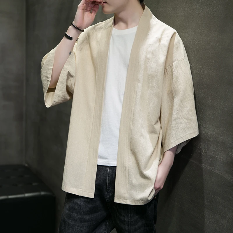 Vestes kimono pour hommes, cardigan léger et décontracté, mélange de coton, lin, sept manches, manteau ouvert sur le devant, vêtements d'extérieur