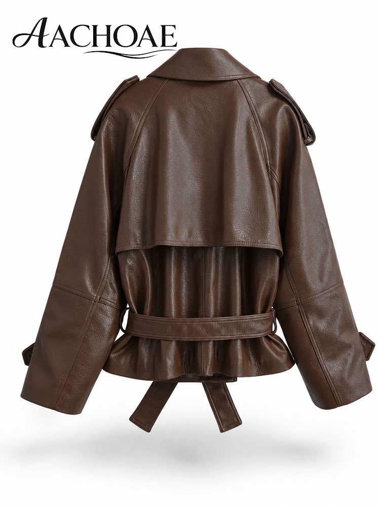 Veste en similicuir vintage pour femme, ceinturée, style motard, manteau oversize en cuir PU